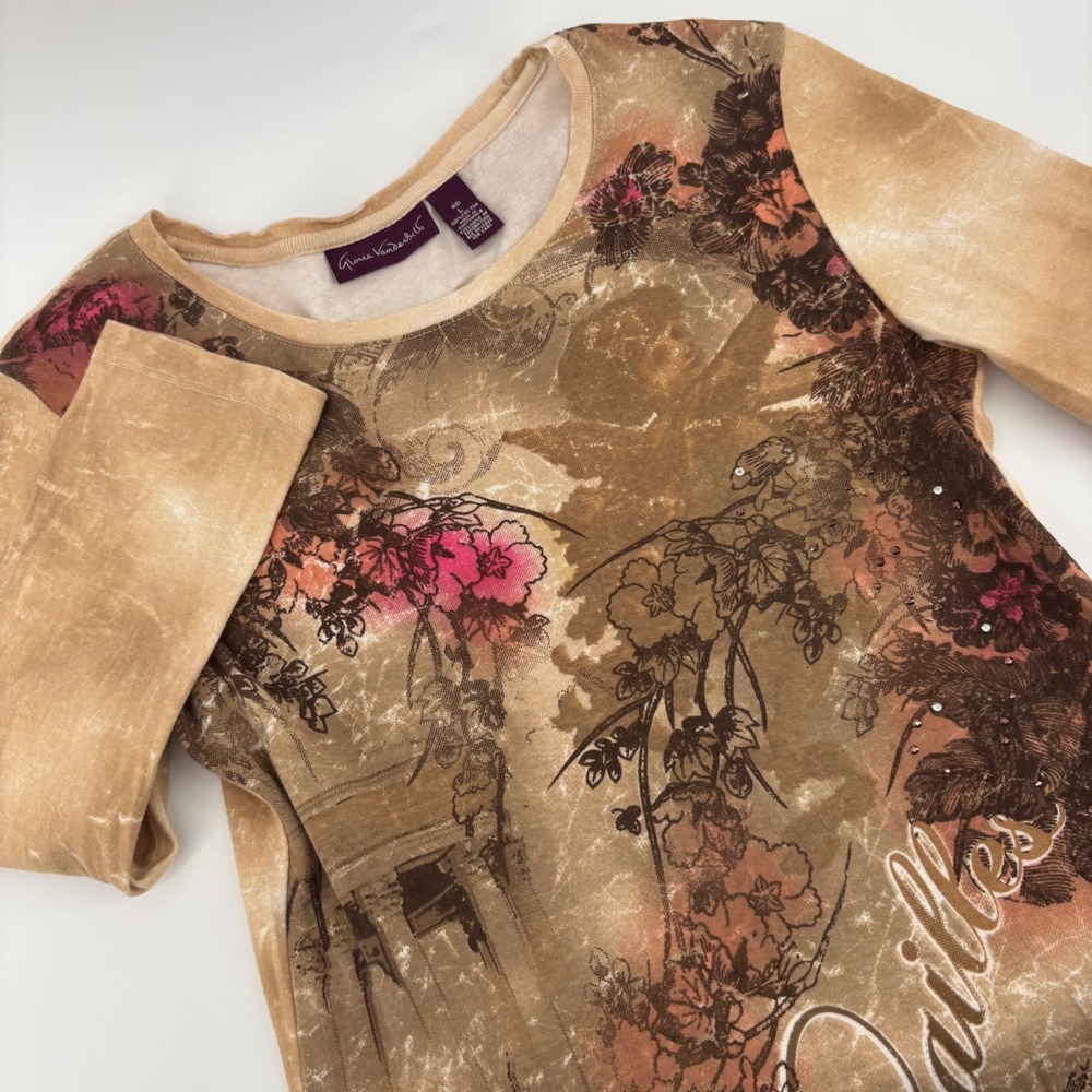 Gloria Vanderbilt Women's L Beige Floral‎ "Versailles" Romantic 3/4 Sleeve Top